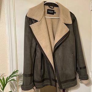 Suede Moto style jacket (green) with shearling fur